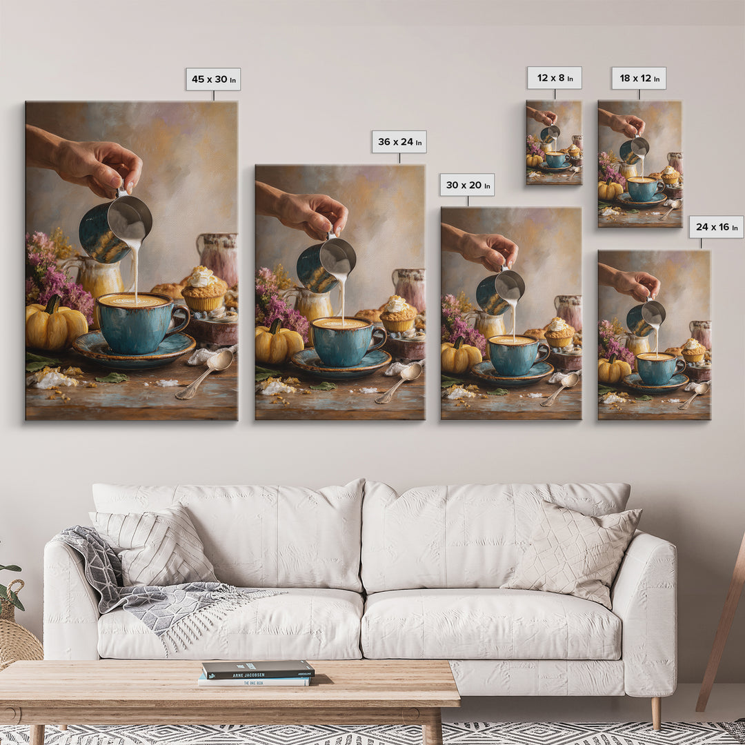Barista Hands Pouring Milk into Espresso Framed Canvas Print, Coffee Shop Art, Kitchen Gift, Cafe Decor, Oil Painting, Cafe, CSA-2x3-53