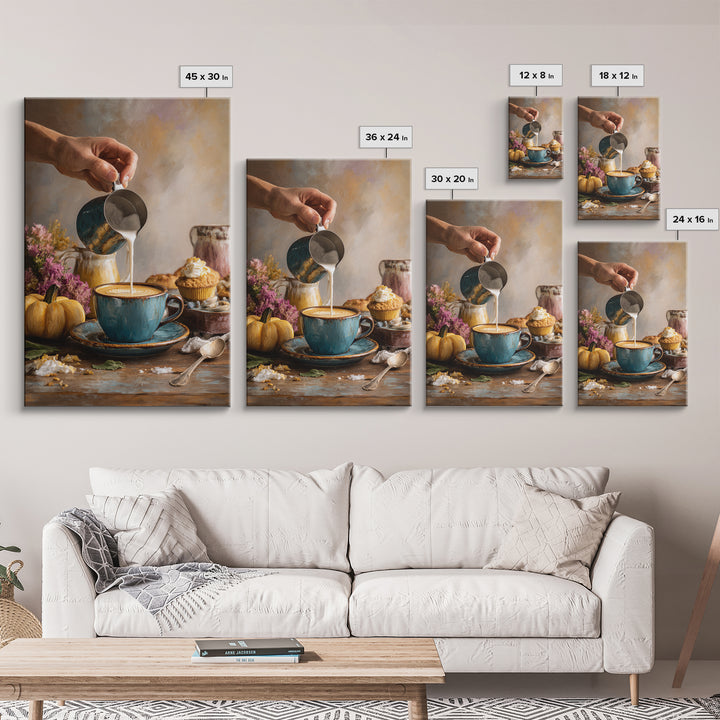 Barista Hands Pouring Milk into Espresso Framed Canvas Print, Coffee Shop Art, Kitchen Gift, Cafe Decor, Oil Painting, Cafe, CSA-2x3-53