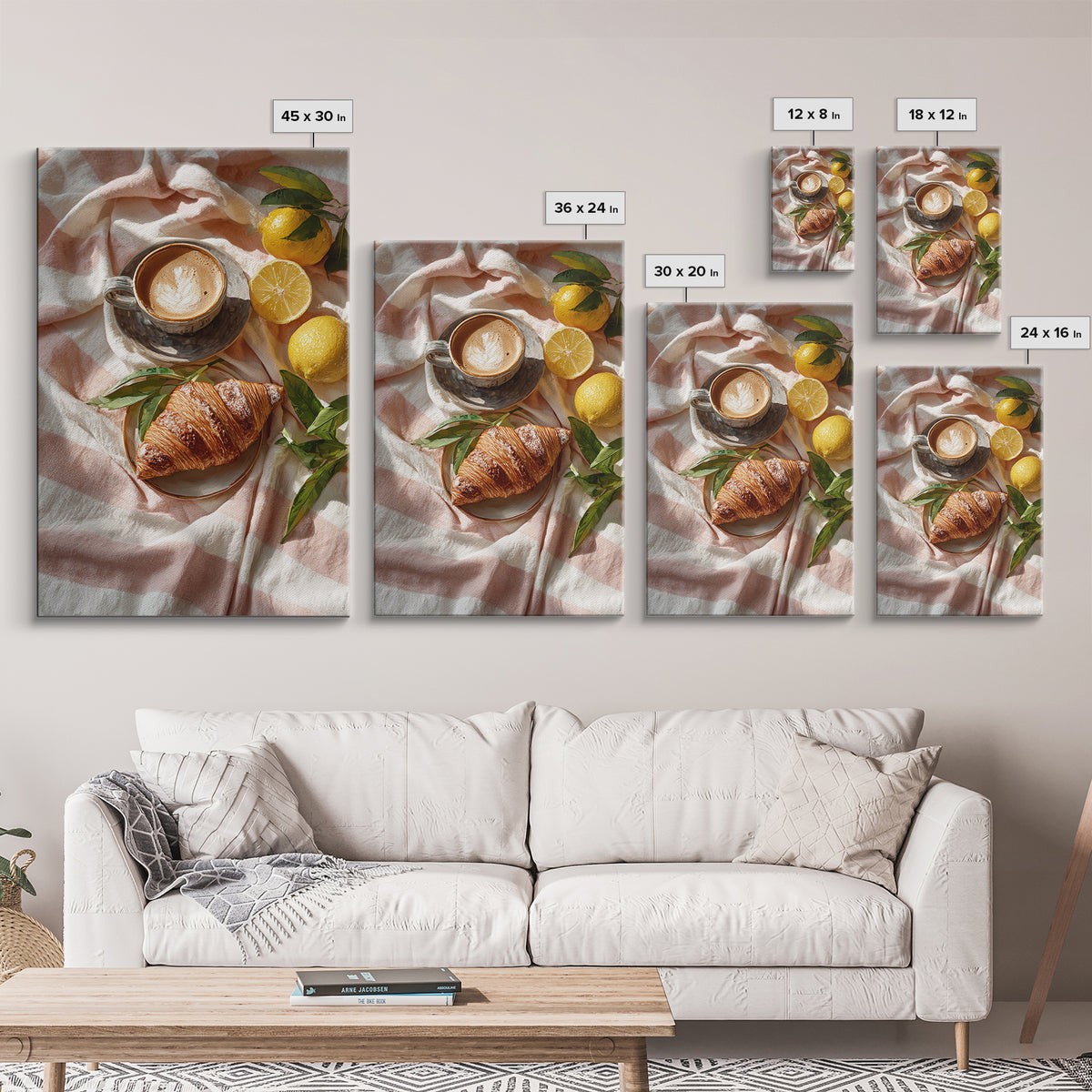 Croissant and Cappuccino on Striped Cloth Canvas Print, Coffee Shop Art, Dark Academia Decor, Cafe Decor, Fine Art, Cafe, CSA-2x3-61