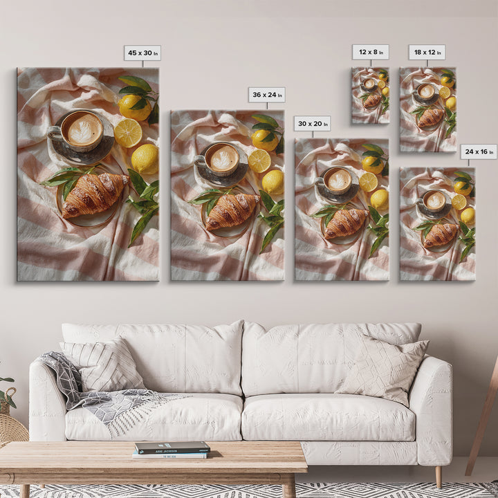 Croissant and Cappuccino on Striped Cloth Canvas Print, Coffee Shop Art, Dark Academia Decor, Cafe Decor, Fine Art, Cafe, CSA-2x3-61