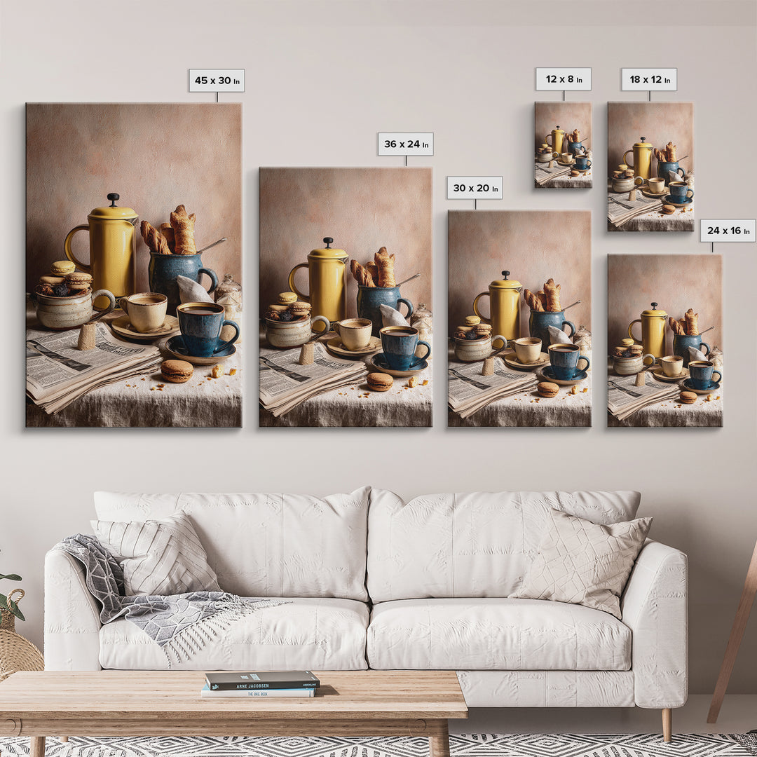 French Press and Morning Newspaper Without Readable Canvas Print, Coffee Shop Art, Digital Wall Art, Cafe Decor, Oil Painting, CSA-2x3-66
