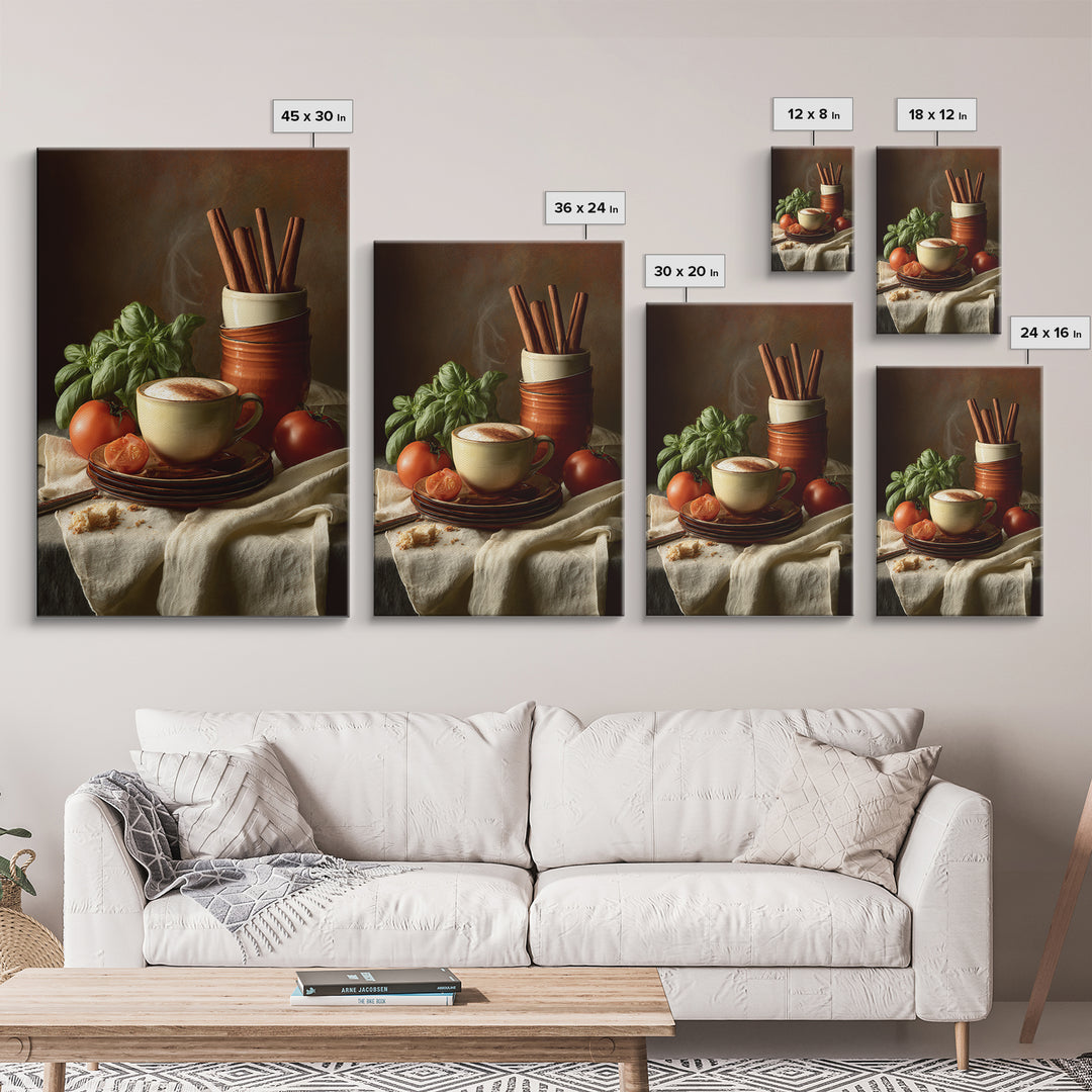 Cinnamon Sticks and Cappuccino Foam Still Life Framed Canvas Print, Coffee Shop Art, Whimsical Art, Cafe Decor, Oil Painting, CSA-2x3-8