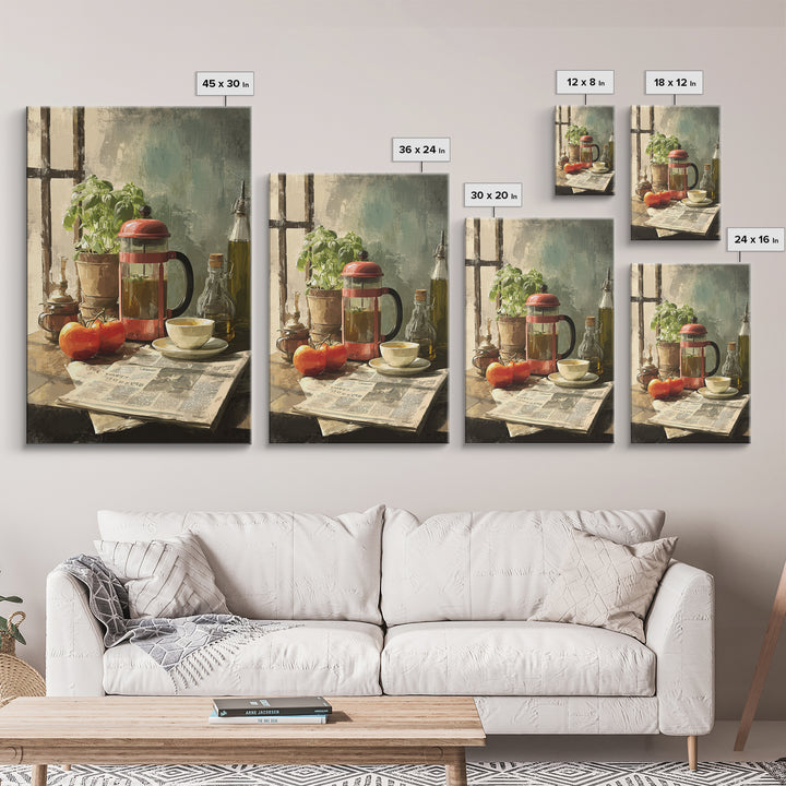 French Press and Morning Newspaper Without Readable Framed Canvas Print, Coffee Shop Art, Farmhouse Decor, Cafe Decor, Cafe, CSA-2x3-90