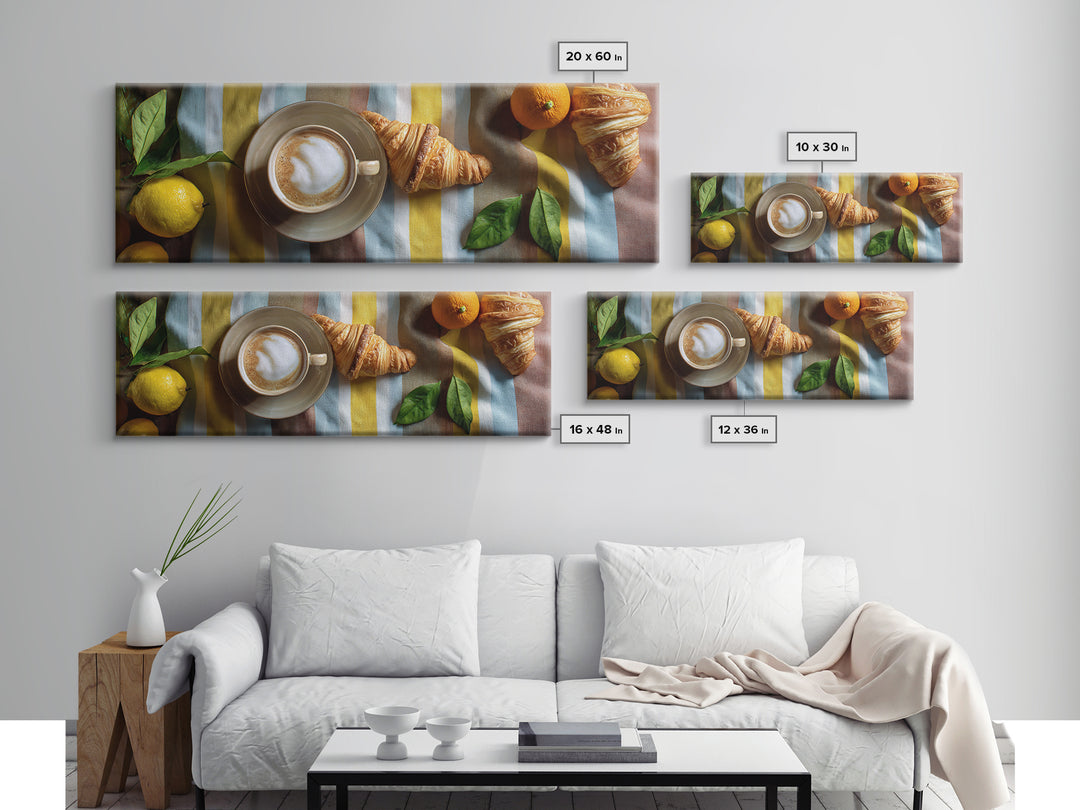 Croissant and Cappuccino on Striped Cloth Framed Canvas Print, Coffee Shop Art, Gallery Decor, Cafe Decor, Fine Art, Cafe, CSA-3x1-69