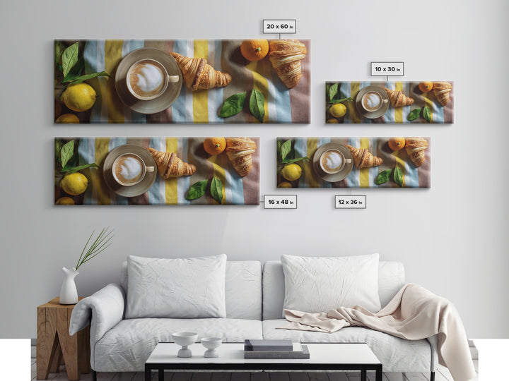 Croissant and Cappuccino on Striped Cloth Framed Canvas Print, Coffee Shop Art, Gallery Decor, Cafe Decor, Fine Art, Cafe, CSA-3x1-69