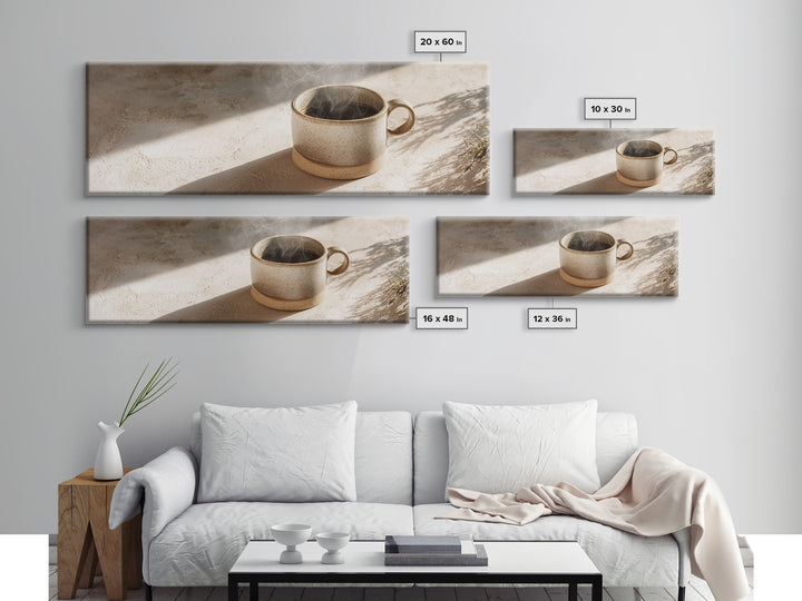 Espresso Cup with Rising Steam and Warm Framed Canvas Print, Coffee Shop Art, Boho Decor, Cafe Decor, Oil Painting, Cafe, CSA-3x1-89