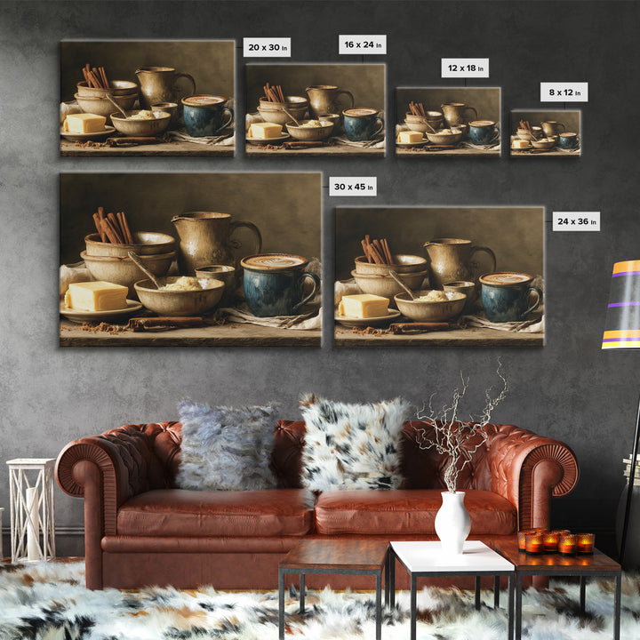 Cinnamon Sticks and Cappuccino Foam Still Life Framed Canvas Print, Coffee Shop Art, Wall Art, Cafe Decor, Oil Painting, Cafe, CSA-3x2-100