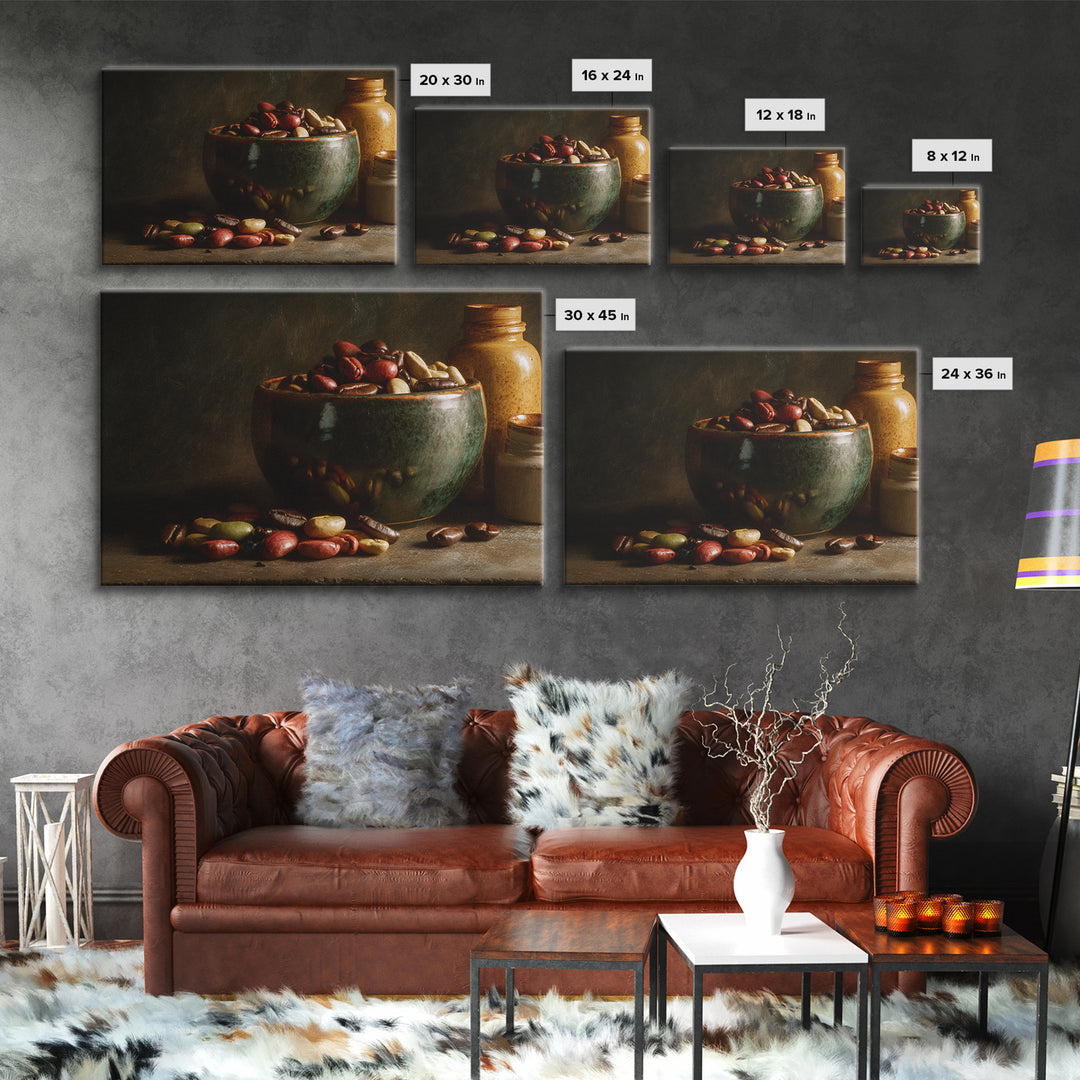 Roasted Beans Falling Through Dark Space Framed Canvas Print, Coffee Shop Art, Moody Wall Art, Cafe Decor, Fine Art, Cafe, CSA-3x2-24
