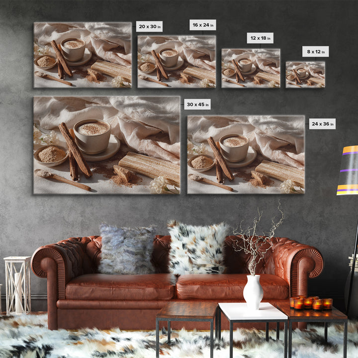 Cinnamon Sticks and Cappuccino Foam Still Life Canvas Print, Coffee Shop Art, Kitchen Gift, Cafe Decor, Oil Painting, Cafe, CSA-3x2-4