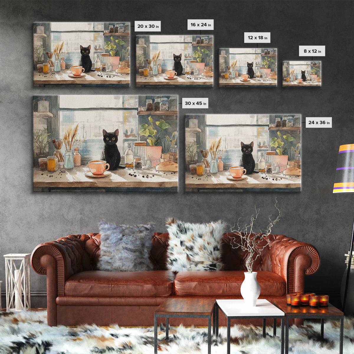 Black Cat Beside a Steaming Cup Canvas Print, Coffee Shop Art, Canvas Print, Cafe Decor, Fine Art, Cafe, Neutral Decor, CSA-3x2-42