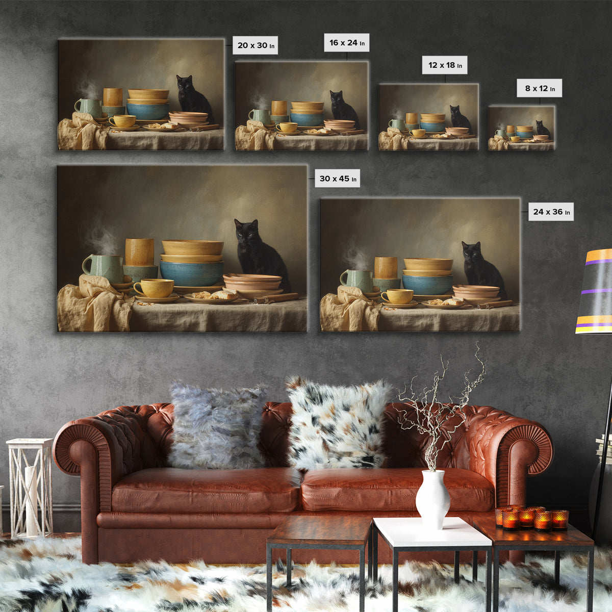 Black Cat Beside a Steaming Cup Canvas Print, Coffee Shop Art, Canvas Print, Cafe Decor, Fine Art, Cafe, Neutral Decor, CSA-3x2-66