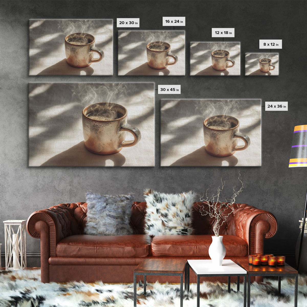 Espresso Cup with Rising Steam and Warm Framed Canvas Print, Coffee Shop Art, Room Decor, Cafe Decor, Fine Art, Cafe, CSA-3x2-77