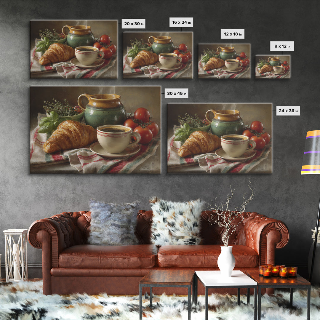 Croissant and Cappuccino on Striped Cloth Framed Canvas Print, Coffee Shop Art, Fine Art Print, Cafe Decor, Fine Art, Cafe, CSA-3x2-81