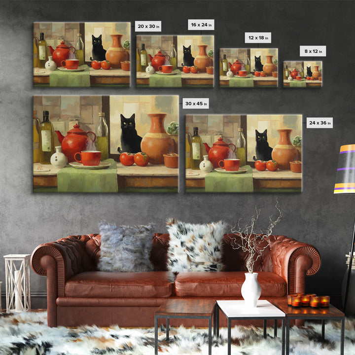 Black Cat Beside a Steaming Cup Framed Canvas Print, Coffee Shop Art, Moody Wall Art, Cafe Decor, Fine Art, Cafe, Luxury Decor, CSA-3x2-90
