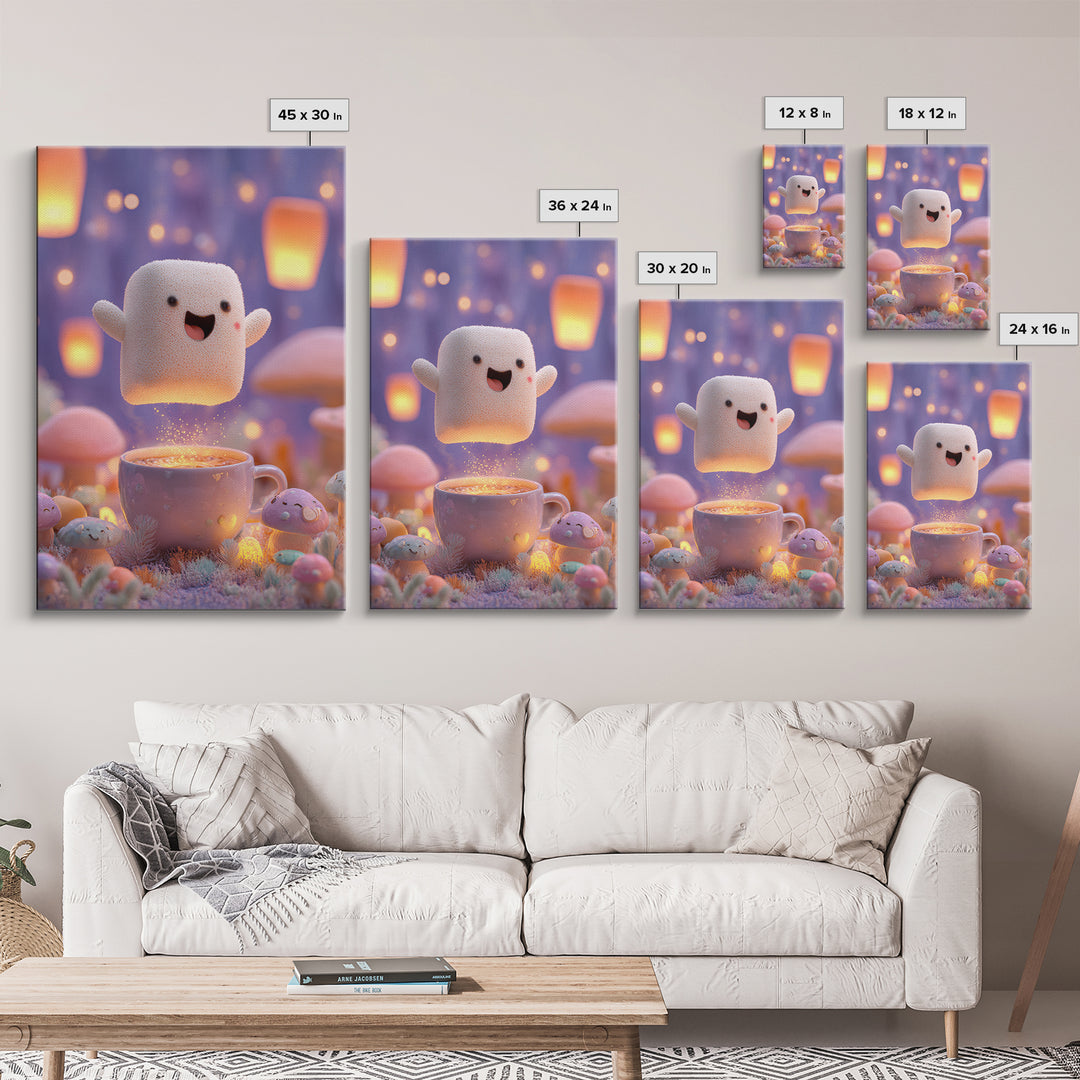 The Marshmallow Ghost, Kids Halloween Decor, Vertical Wall Art, Canvas Print, Halloween Kids Decor, Whimsical Wall Art, Dark Fantasy Art