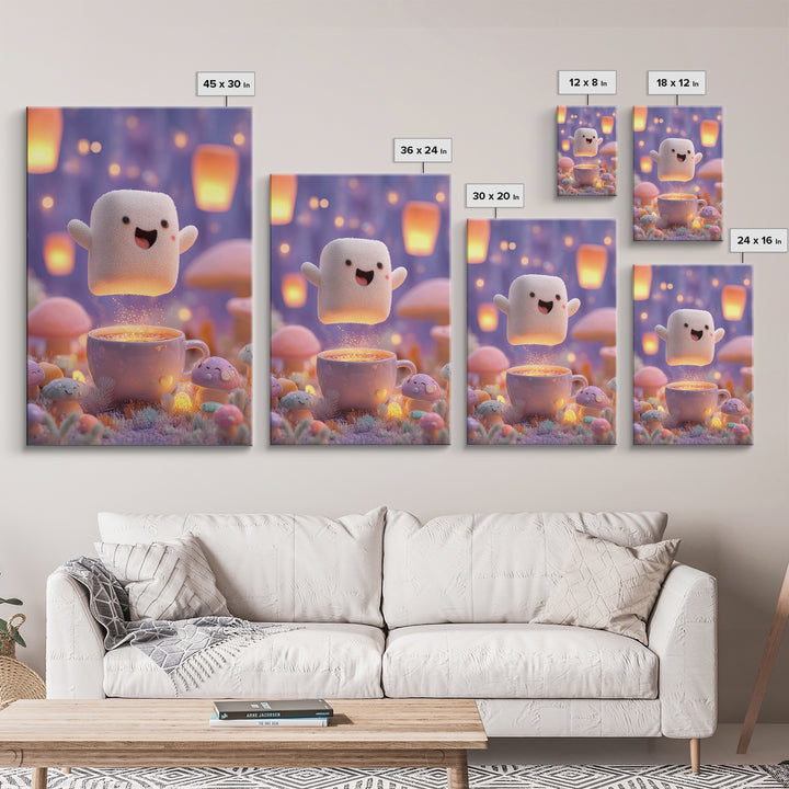 The Marshmallow Ghost, Kids Halloween Decor, Vertical Wall Art, Canvas Print, Halloween Kids Decor, Whimsical Wall Art, Dark Fantasy Art