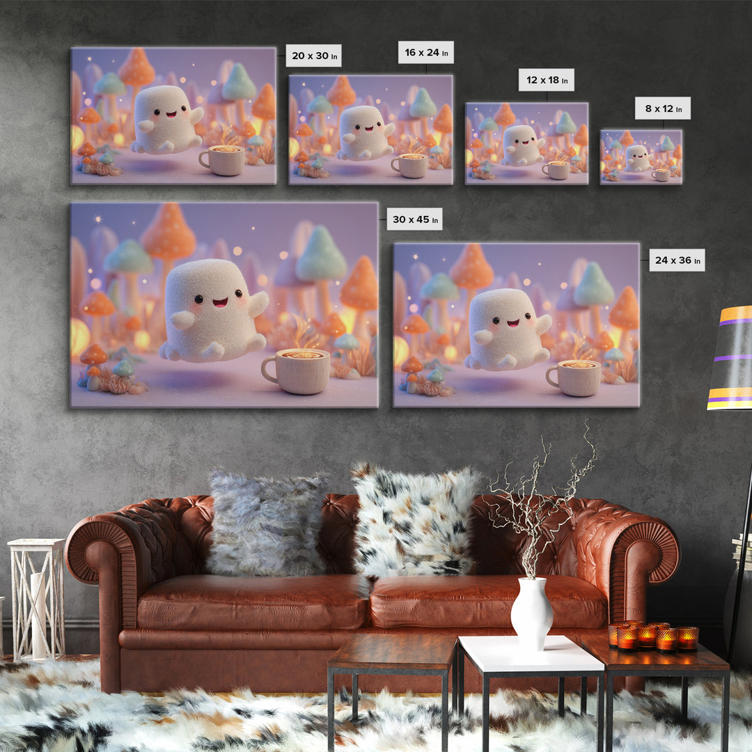 The Marshmallow Ghost, Storybook Halloween Art, Landscape Wall Art, Framed Canvas Print, Halloween Kids Decor, Whimsical Wall Art