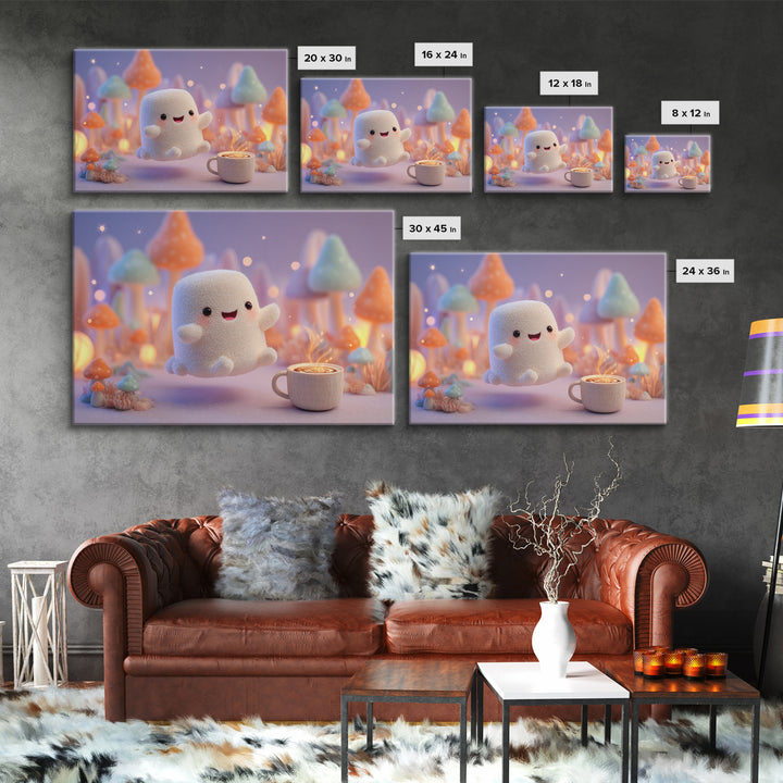 The Marshmallow Ghost, Storybook Halloween Art, Landscape Wall Art, Framed Canvas Print, Halloween Kids Decor, Whimsical Wall Art