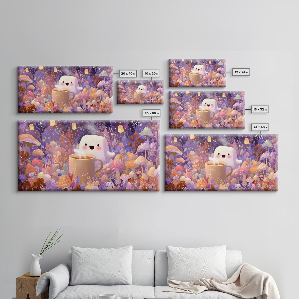 The Marshmallow Ghost, Storybook Halloween Art, Wide Panoramic Art, Canvas Print, Halloween Kids Decor, Whimsical Wall Art