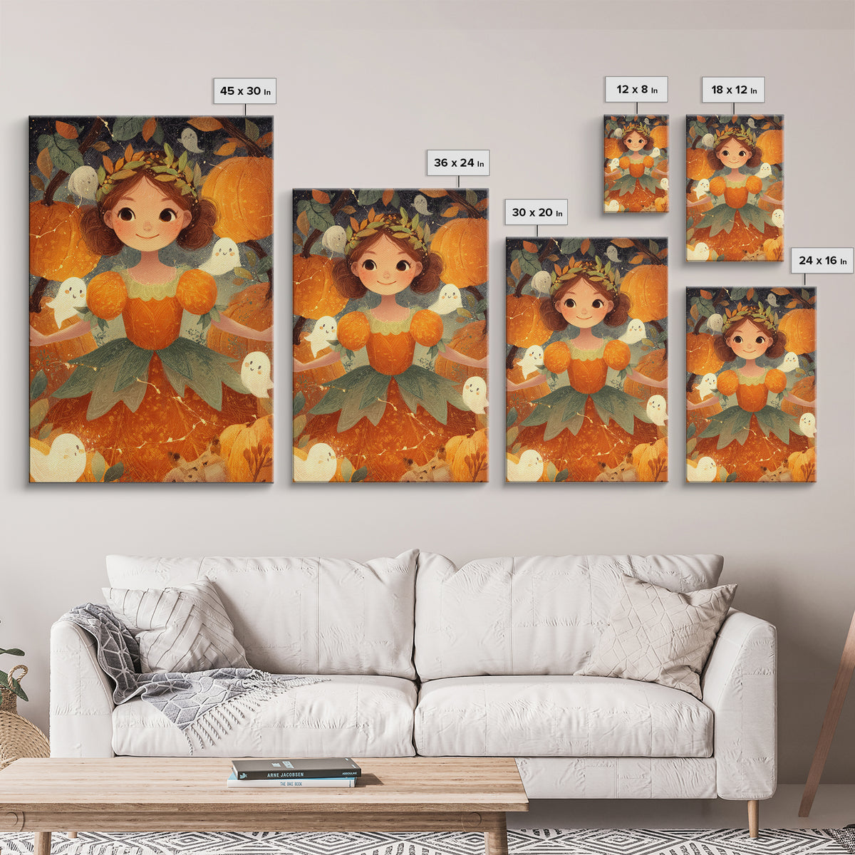 The Pumpkin Princess, Cute Spooky Wall Art, Vertical Wall Art, Canvas Print, Halloween Kids Decor, Whimsical Wall Art, Spooky Wall Decor