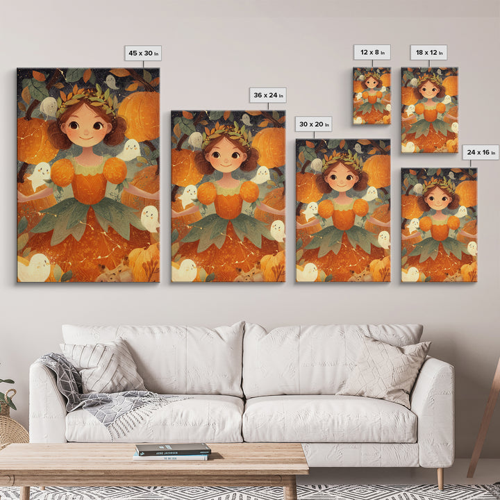 The Pumpkin Princess, Cute Spooky Wall Art, Vertical Wall Art, Canvas Print, Halloween Kids Decor, Whimsical Wall Art, Spooky Wall Decor