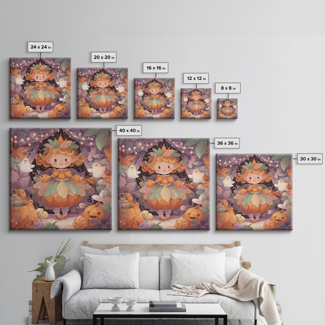 The Pumpkin Princess, Storybook Halloween Art, Square Wall Art, Canvas Print, Halloween Kids Decor, Whimsical Wall Art