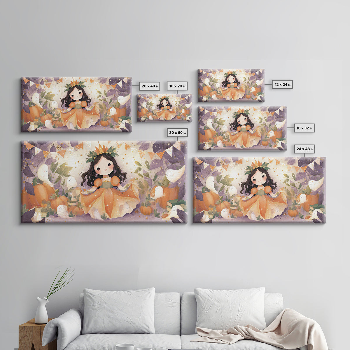 The Pumpkin Princess, Cute Halloween Wall Art, Wide Panoramic Art, Framed Canvas Print, Halloween Kids Decor, Whimsical Wall Art