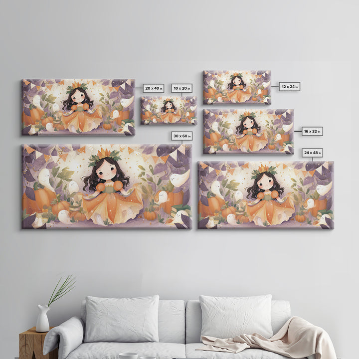 The Pumpkin Princess, Cute Halloween Wall Art, Wide Panoramic Art, Framed Canvas Print, Halloween Kids Decor, Whimsical Wall Art
