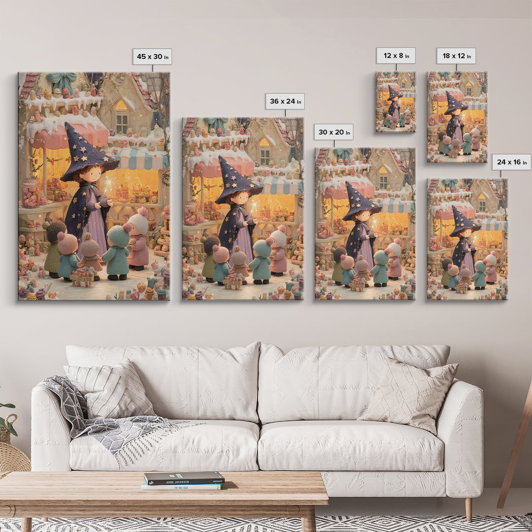 The Little Star Witch, Cute Halloween Wall Art, Vertical Wall Art, Framed Canvas Print, Halloween Kids Decor, Whimsical Wall Art