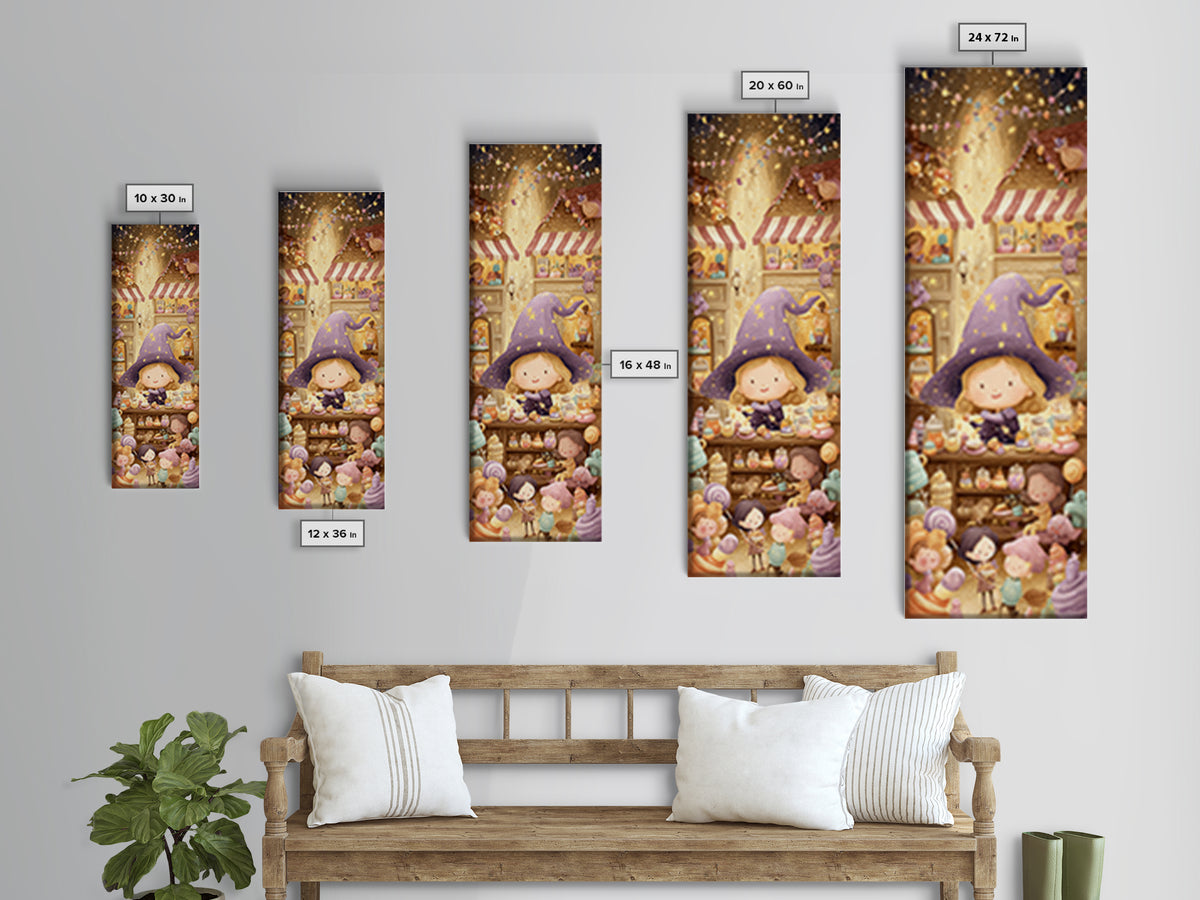 The Little Star Witch, Whimsical Halloween Art, Tall Narrow Wall Art, Framed Canvas Print, Halloween Kids Decor, Whimsical Wall Art