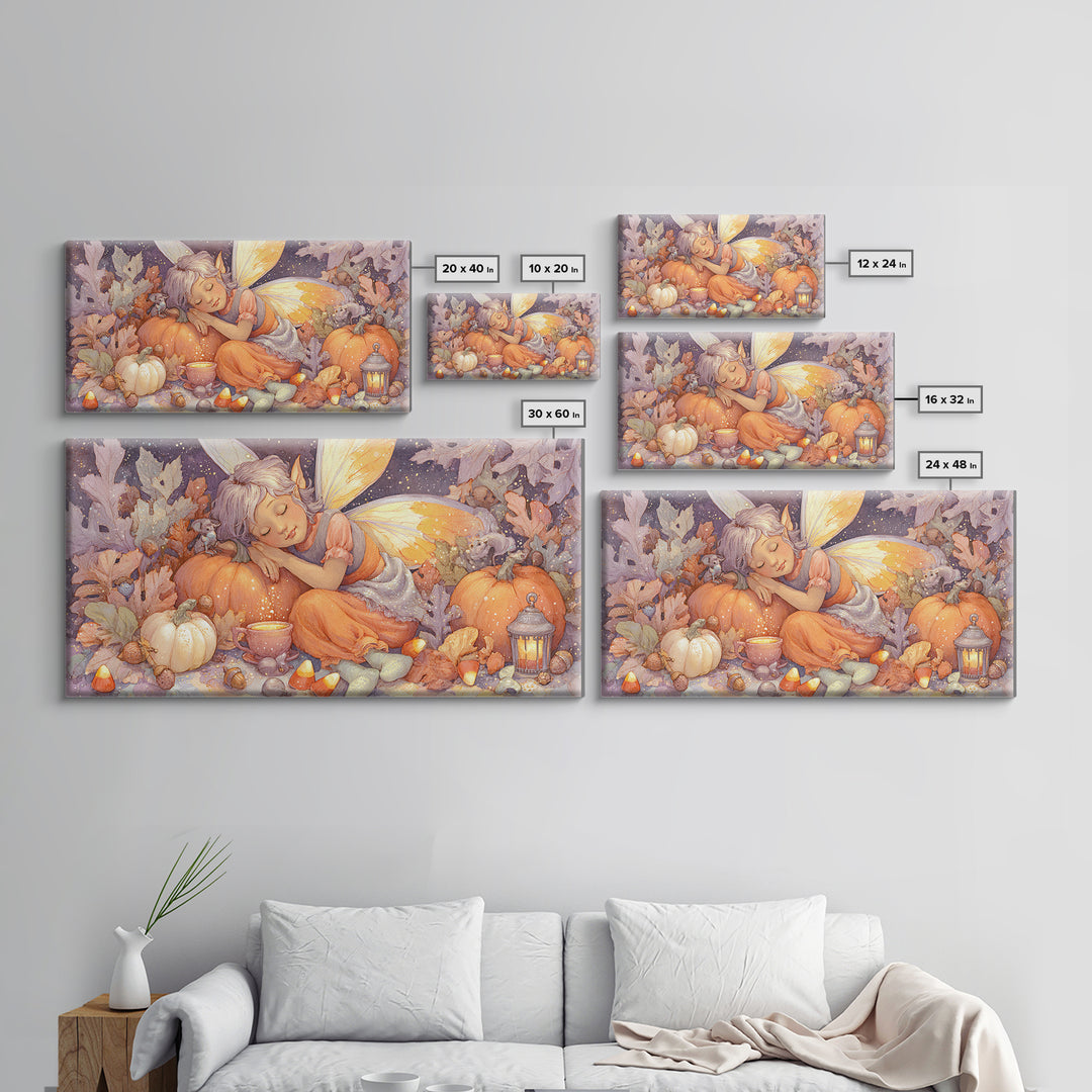 The Candy Corn Fairy, Storybook Halloween Art, Wide Panoramic Art, Canvas Print, Halloween Kids Decor, Whimsical Wall Art