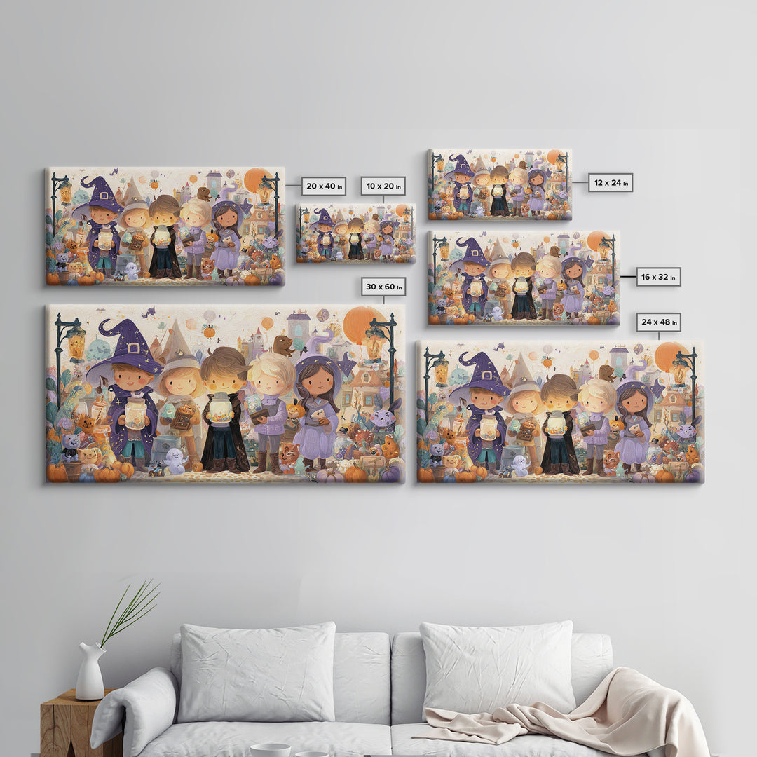 The Moonbeam Wizard, Whimsical Halloween Art, Wide Panoramic Art, Canvas Print, Halloween Kids Decor, Whimsical Wall Art, Horror Wall Art