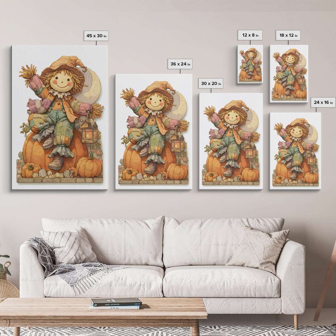 The Button-Nosed Scarecrow, Whimsical Halloween Art, Vertical Wall Art, Canvas Print, Halloween Kids Decor, Whimsical Wall Art