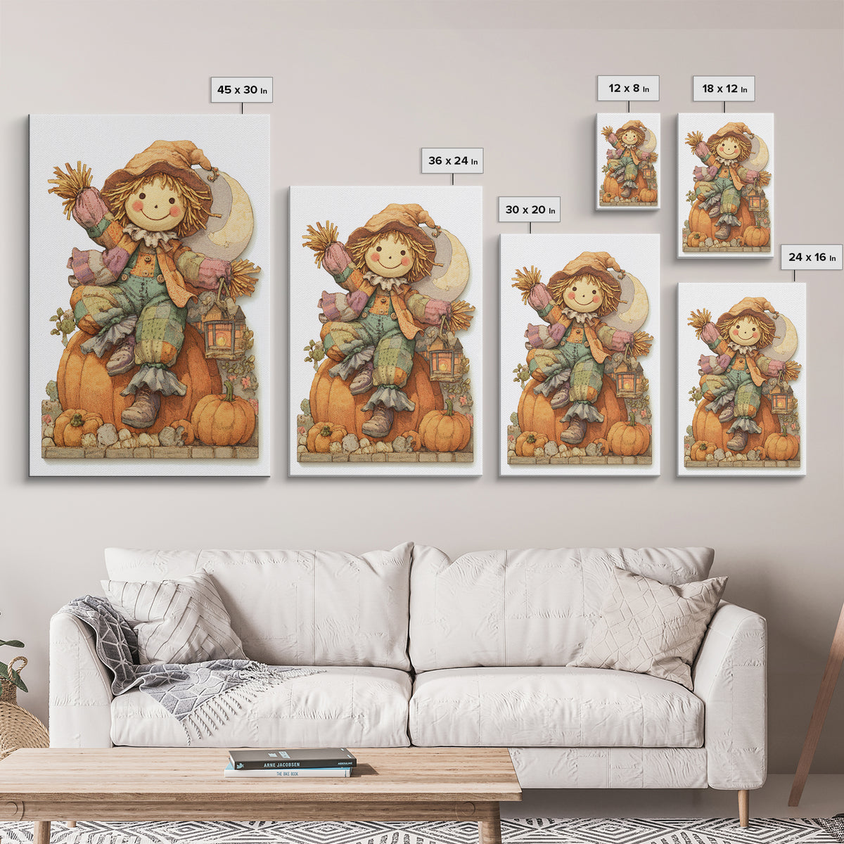 The Button-Nosed Scarecrow, Whimsical Halloween Art, Vertical Wall Art, Canvas Print, Halloween Kids Decor, Whimsical Wall Art