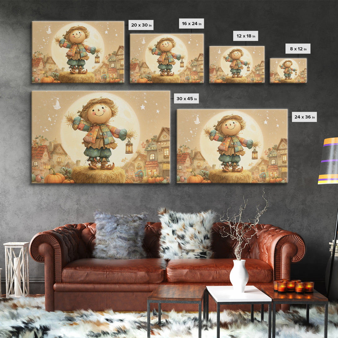 The Button-Nosed Scarecrow, Cute Spooky Wall Art, Landscape Wall Art, Canvas Print, Halloween Kids Decor, Whimsical Wall Art