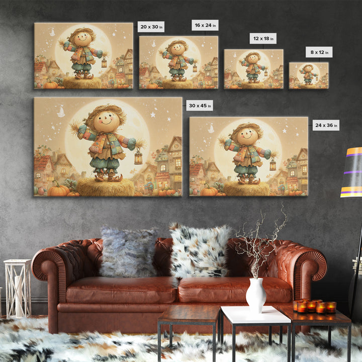 The Button-Nosed Scarecrow, Cute Spooky Wall Art, Landscape Wall Art, Canvas Print, Halloween Kids Decor, Whimsical Wall Art