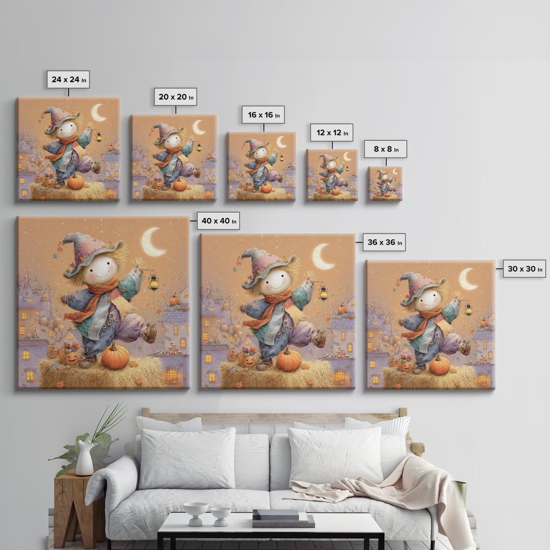 The Button-Nosed Scarecrow, Storybook Halloween Art, Square Wall Art, Canvas Print, Halloween Kids Decor, Whimsical Wall Art