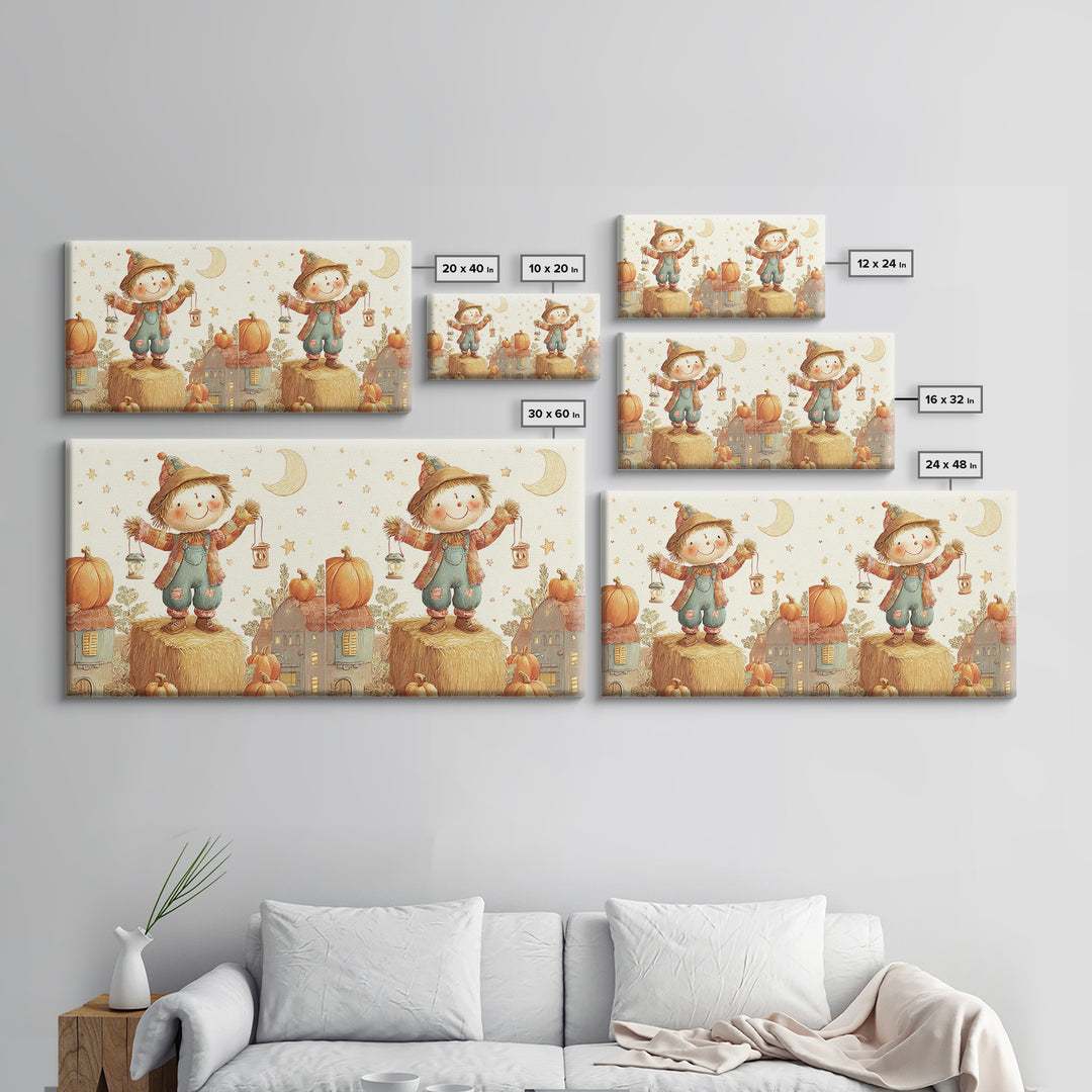 The Button-Nosed Scarecrow, Cute Halloween Wall Art, Wide Panoramic Art, Canvas Print, Halloween Kids Decor, Whimsical Wall Art