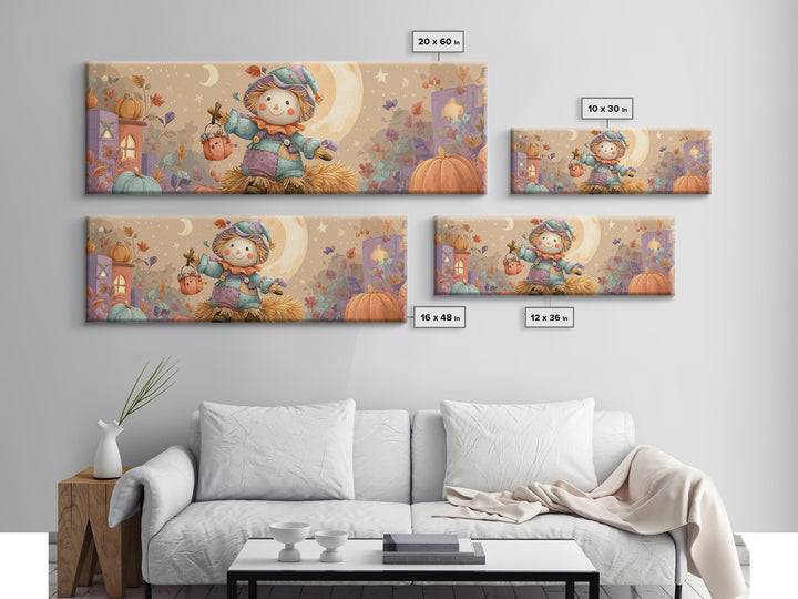 The Button-Nosed Scarecrow, Kids Halloween Decor, Extra Wide Wall Art, Canvas Print, Halloween Kids Decor, Whimsical Wall Art