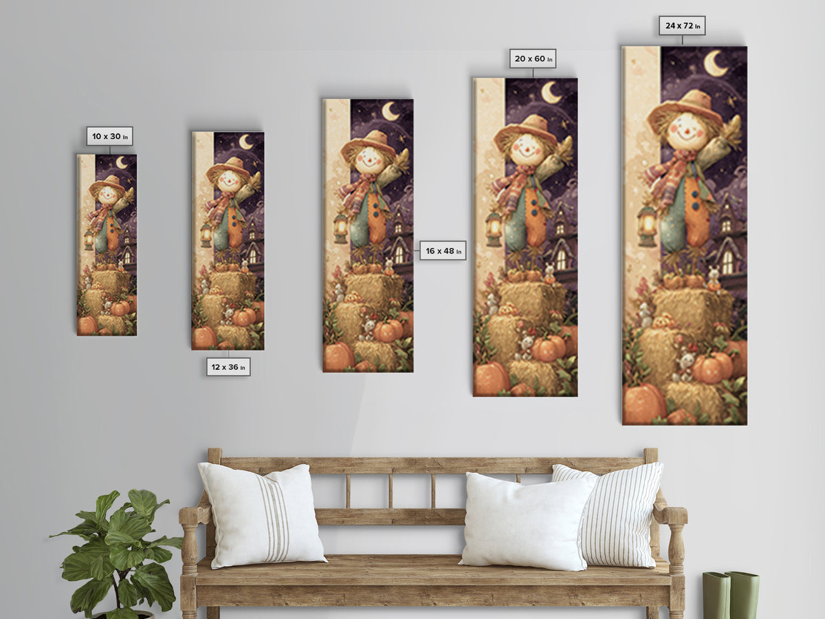 The Button-Nosed Scarecrow, Whimsical Halloween Art, Tall Narrow Wall Art, Canvas Print, Halloween Kids Decor, Whimsical Wall Art