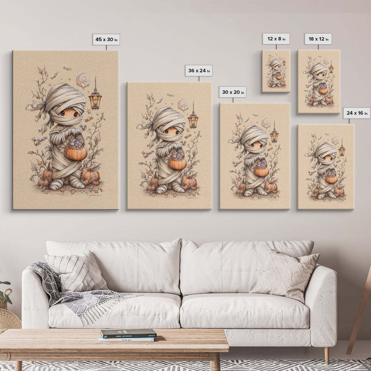 The Shy Little Mummy, Hand Sketch Halloween Art, Vertical Wall Art, Canvas Print, Cute Halloween Wall Art
