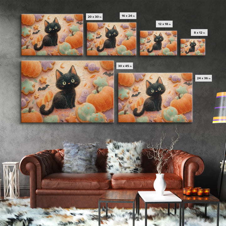 The Black Cat Baker, Watercolor Halloween Art, Landscape Wall Art, Framed Canvas Print, Cute Halloween Wall Art