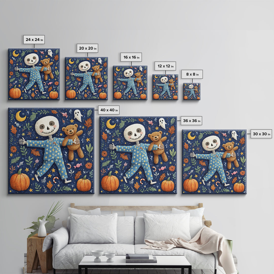 The Pajama Skeleton, Gouache Halloween Art, Square Wall Art, Canvas Print, Cute Halloween Wall Art, Halloween Kids Decor
