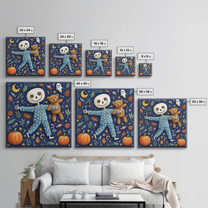 The Pajama Skeleton, Gouache Halloween Art, Square Wall Art, Canvas Print, Cute Halloween Wall Art, Halloween Kids Decor