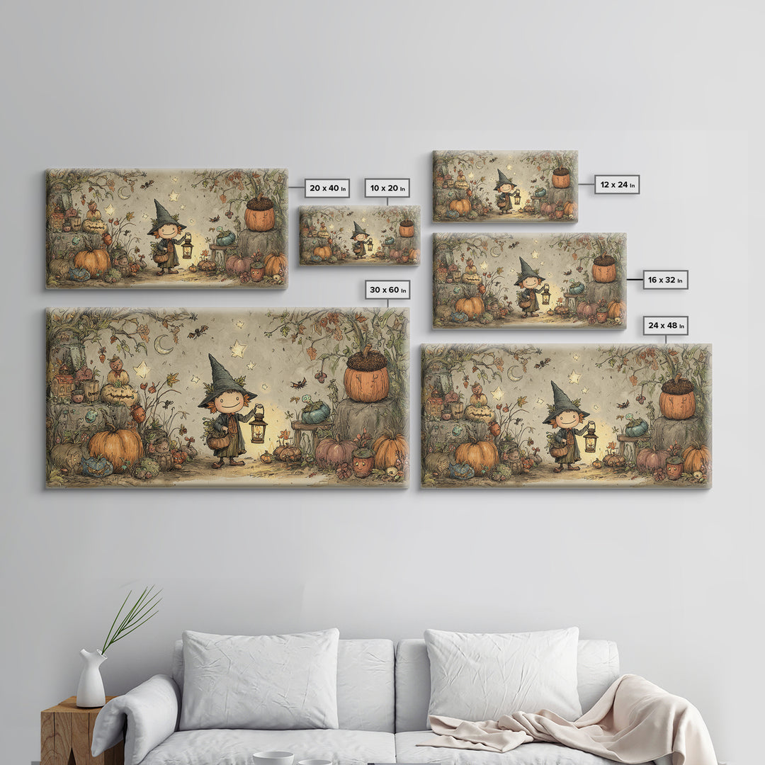 The Acorn Goblin, Crayon Halloween Art, Wide Panoramic Art, Framed Canvas Print, Cute Halloween Wall Art