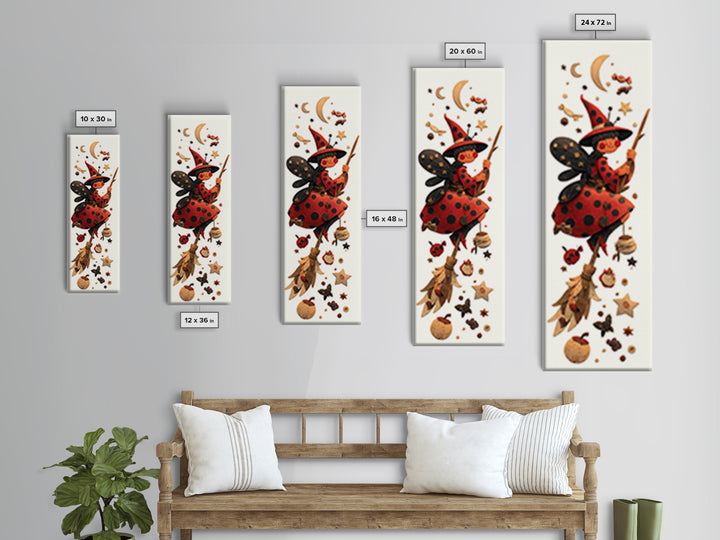 The Ladybug Witch, Paper Collage Halloween, Tall Narrow Wall Art, Framed Canvas Print, Cute Halloween Wall Art