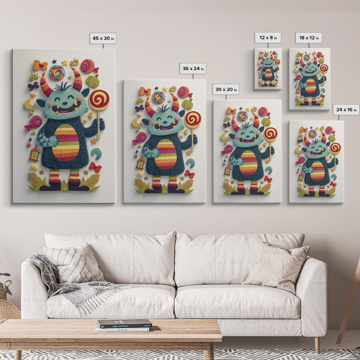 The Rainbow Monster, Felt Halloween Art, Vertical Wall Art, Canvas Print, Cute Halloween Wall Art, Whimsical Nursery Decor
