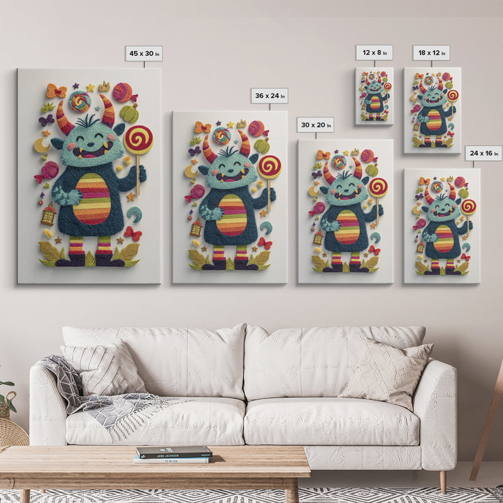 The Rainbow Monster, Felt Halloween Art, Vertical Wall Art, Canvas Print, Cute Halloween Wall Art, Whimsical Nursery Decor