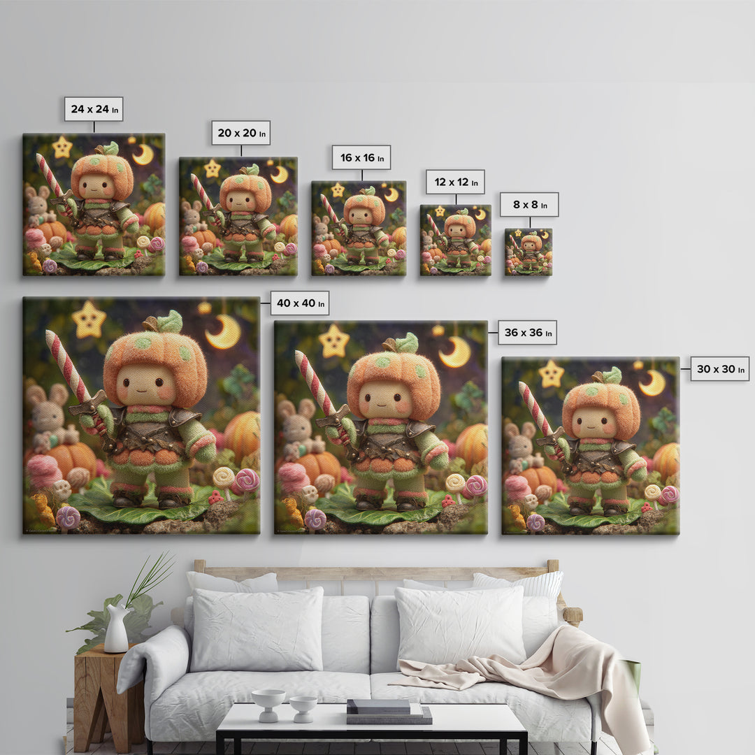The Pumpkin Knight, Plush Halloween Art, Square Wall Art, Canvas Print, Cute Halloween Wall Art, Halloween Kids Decor