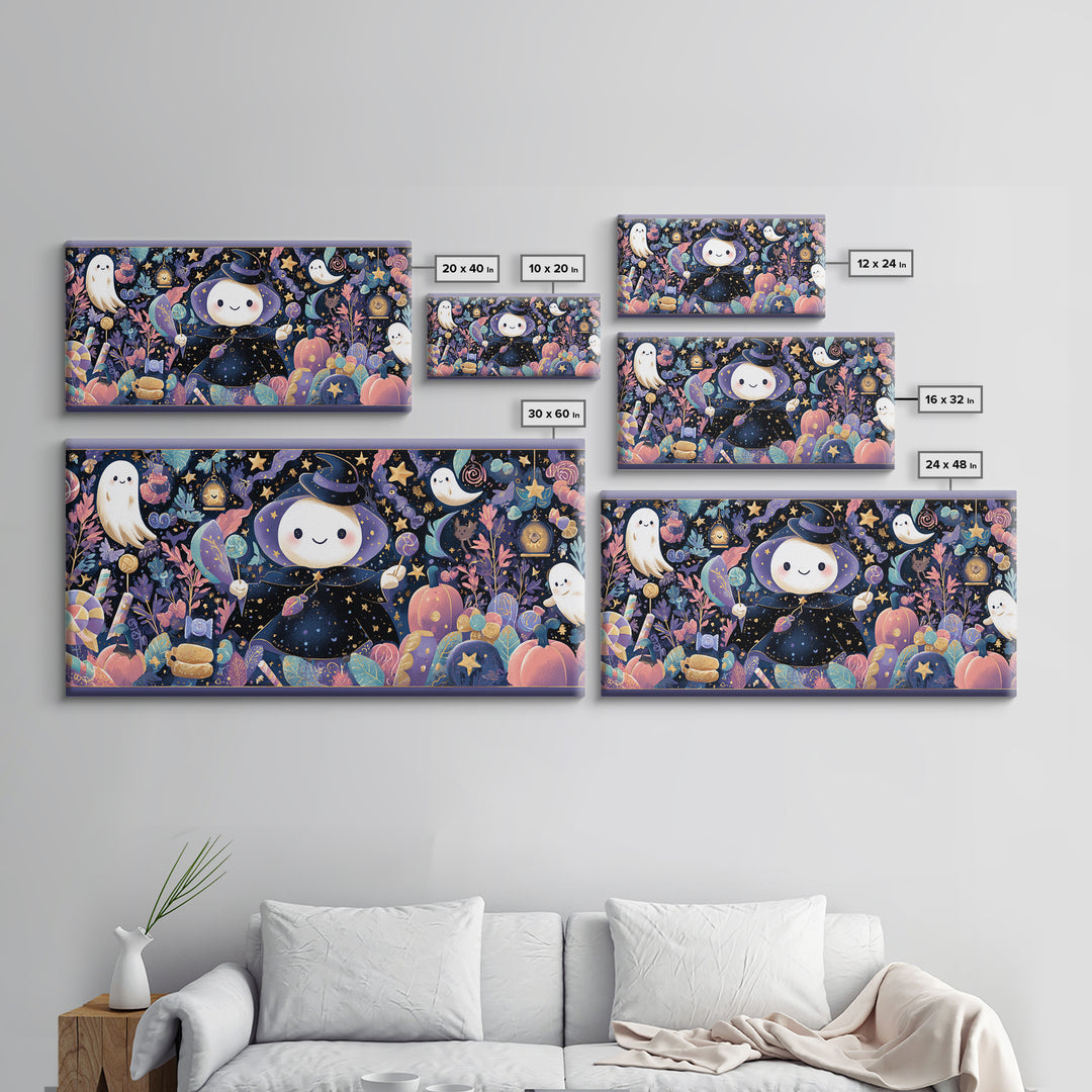 The Star-Cape Magician, Kawaii Halloween Art, Wide Panoramic Art, Framed Canvas Print, Cute Halloween Wall Art